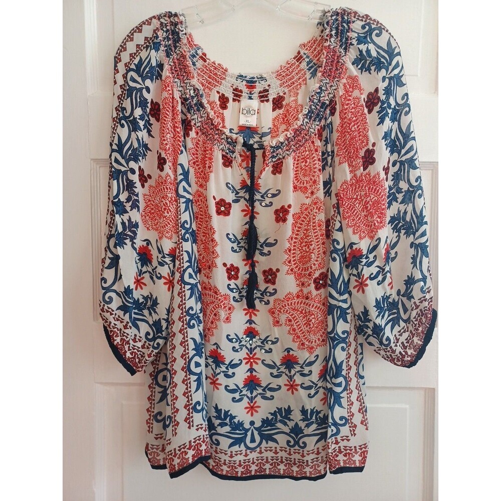 Bila floral paisley pullover peasant blouse XL tassel sequin boho hippie festiva
